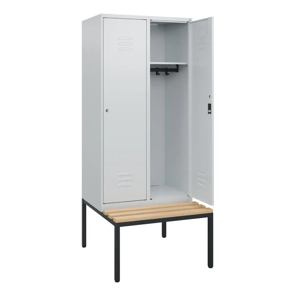 C+P Spind Classic PLUS, 2 Abteile, HxBxT 1.950 x 800 x 815 mm, Zylinderschloss, untergebaute Bank aus Buche, lichtgrau, lichtgrau