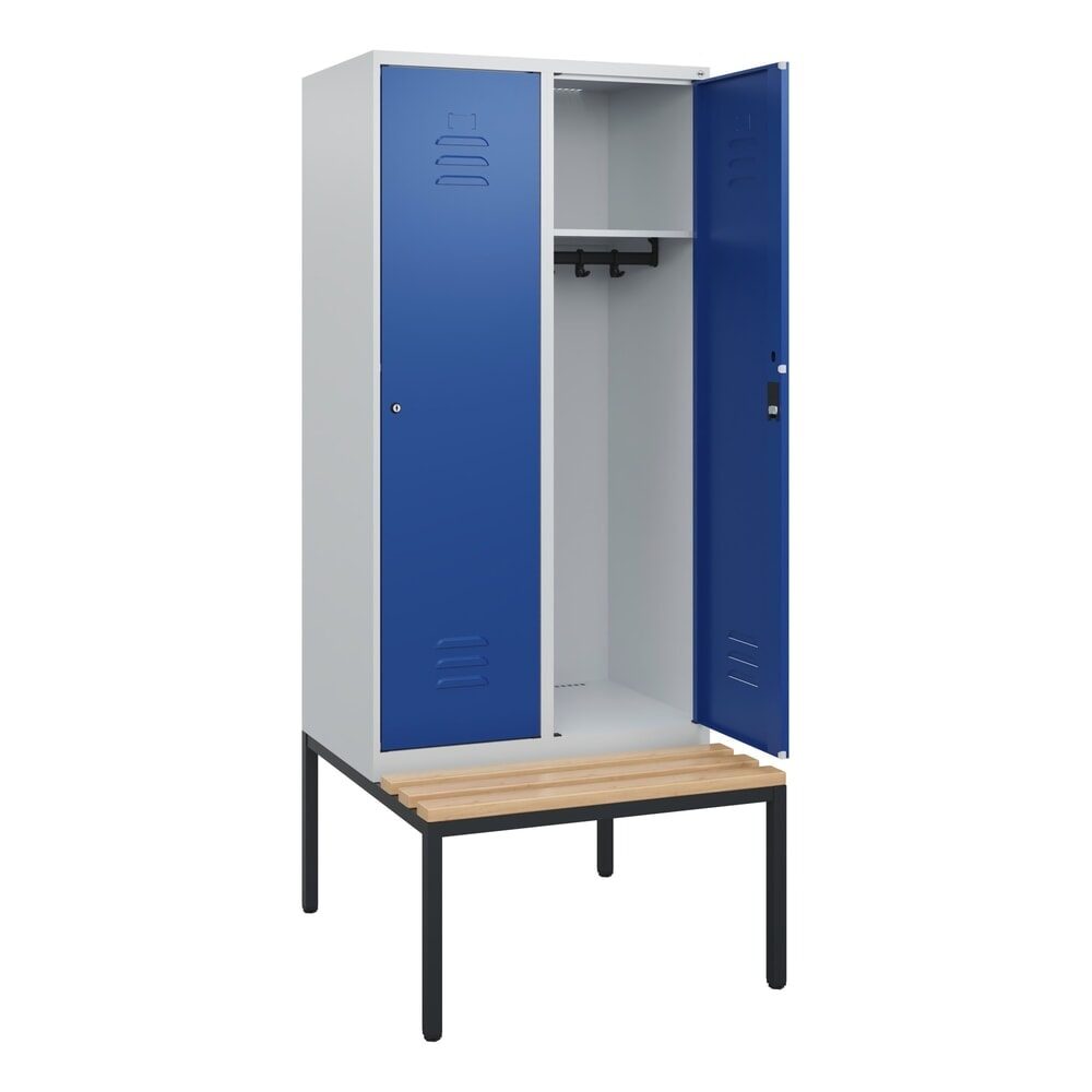 C+P Spind Classic PLUS, 2 Abteile, HxBxT 1.950 x 800 x 815 mm, Zylinderschloss, untergebaute Bank aus Buche, lichtgrau, enzianblau
