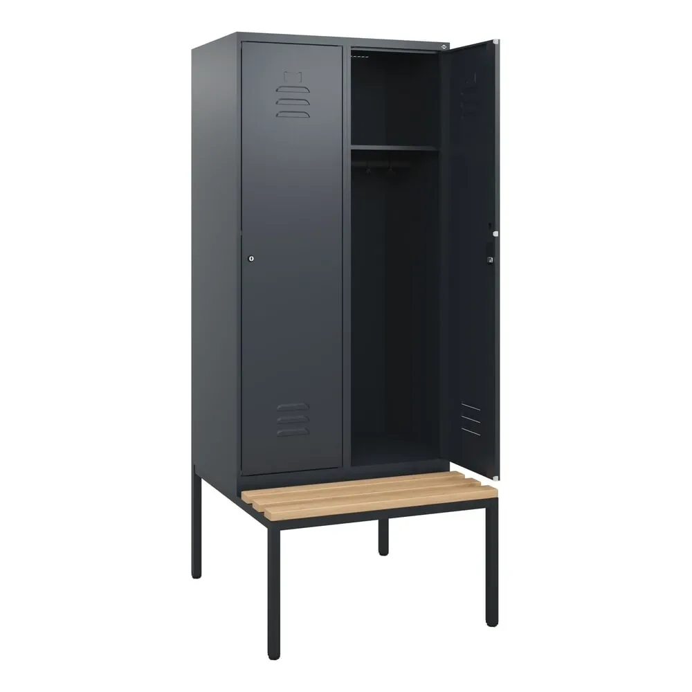 C+P Spind Classic PLUS, 2 Abteile, HxBxT 1.950 x 800 x 815 mm, Zylinderschloss, untergebaute Bank aus Buche, anthrazitgrau, anthrazitgrau