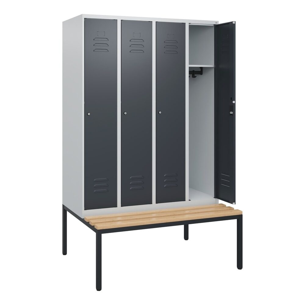 C+P Spind Classic PLUS, 4 Abteile, HxBxT 1.950 x 1.200 x 815 mm, Zylinderschloss, untergebaute Bank aus Buche, lichtgrau, anthrazitgrau