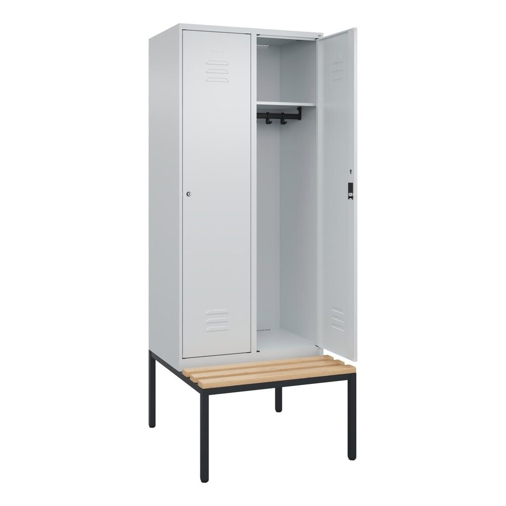 Spind Classic PLUS Sitzbank, 2 Abteile, lichtgrau, B 800 mm, Zylinderschloss, untergebaut, Buche-Hartholz C+P