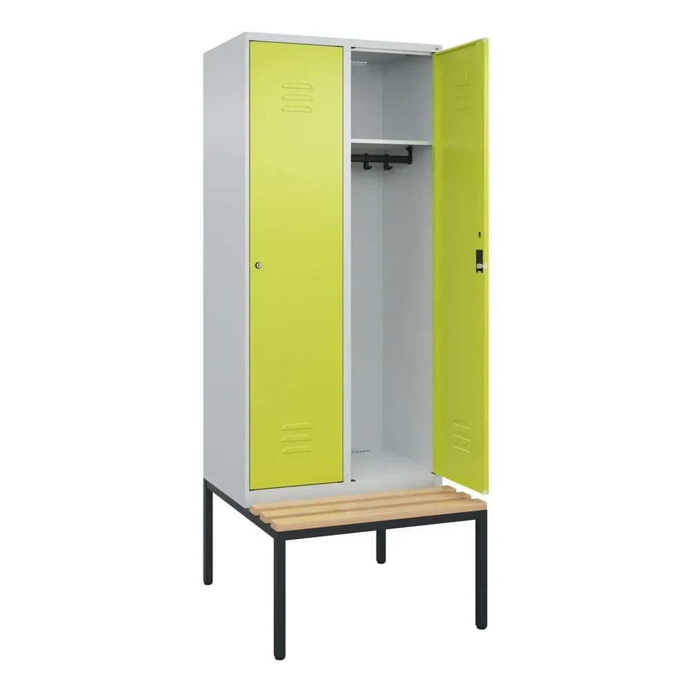 C+P Spind Classic PLUS, 2 Abteile, HxBxT 2.120 x 800 x 815 mm, Zylinderschloss, untergebaute Bank aus Buche, lichtgrau, clowngrün