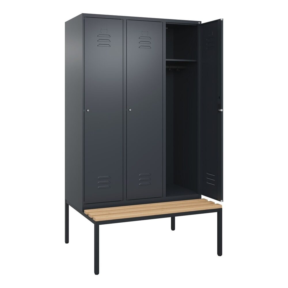 C+P Spind Classic PLUS, 3 Abteile, HxBxT 2.120 x 1.200 x 815 mm, Zylinderschloss, untergebaute Bank aus Buche, anthrazitgrau, anthrazitgrau