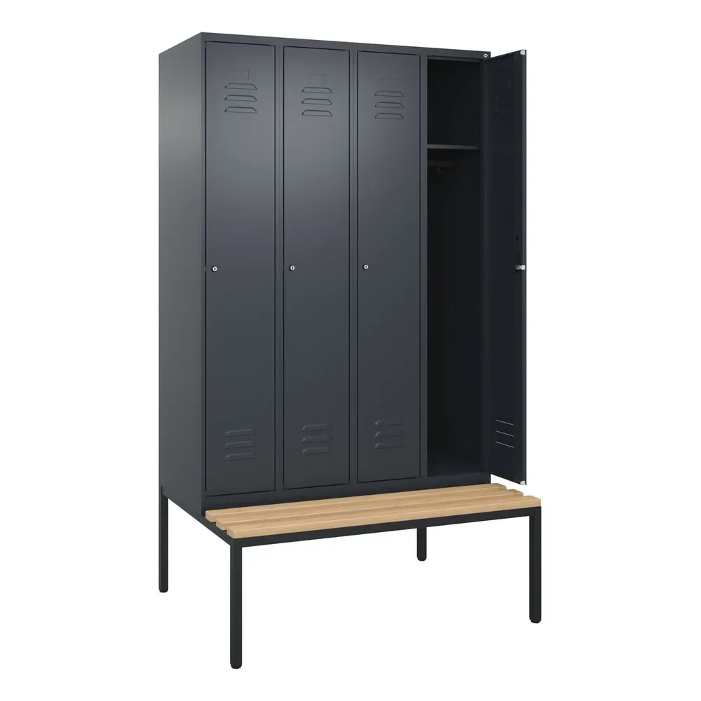 Spind Classic PLUS Sitzbank, 4 Abteile, grau, B 1200 mm, Zylinderschloss, untergebaut, Buche-Hartholz C+P