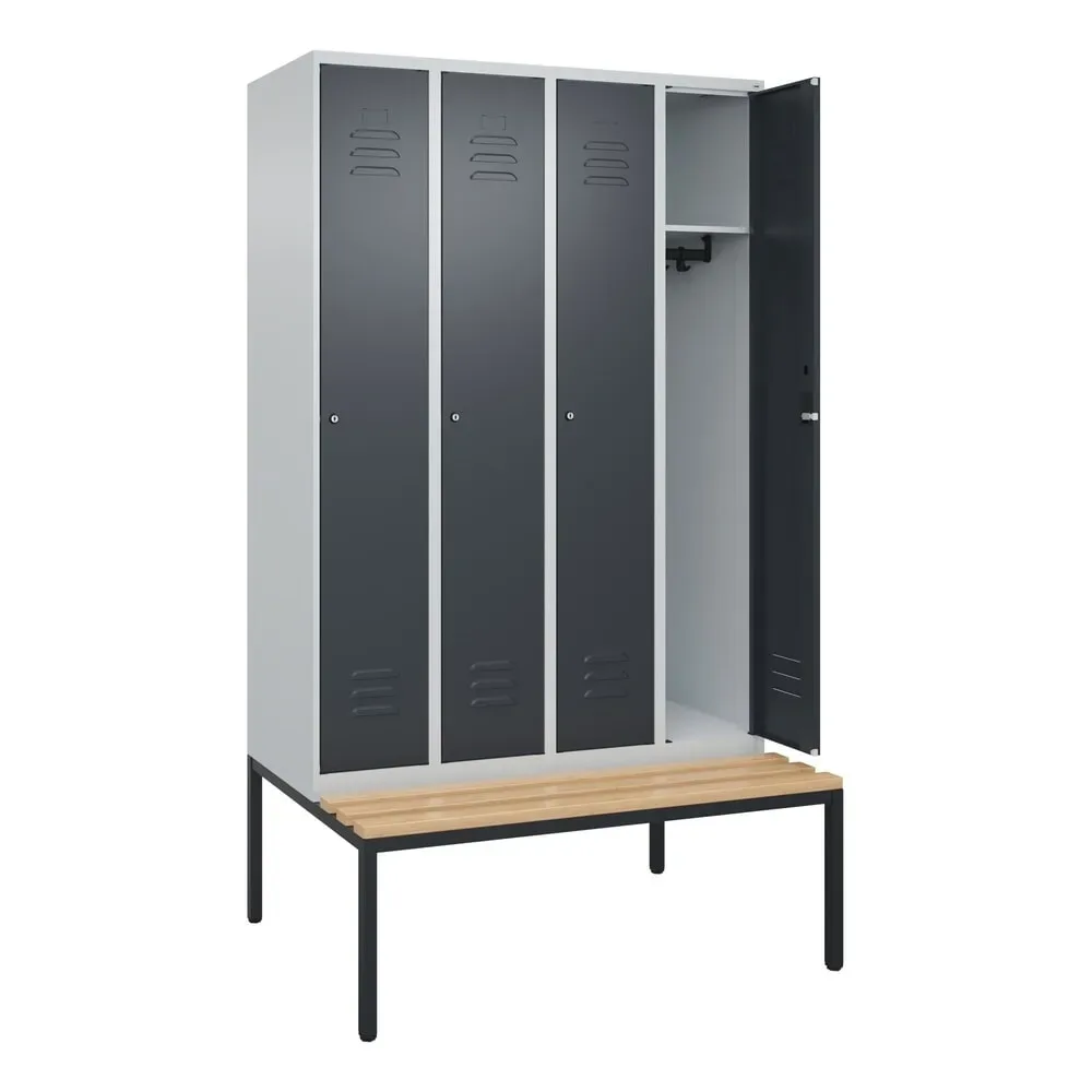 Spind Classic PLUS Sitzbank, 4 Abteile, lichtgrau / grau, B 1200 mm, Zylinderschloss, untergebaut, Buche-Hartholz C+P