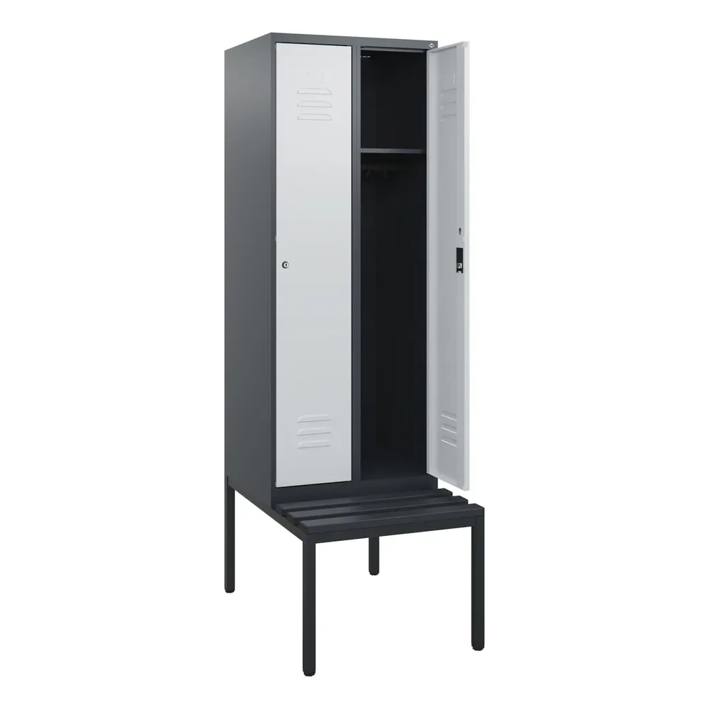 C+P Spind Classic PLUS, 2 Abteile, HxBxT 1.950 x 600 x 815 mm, Zylinderschloss, untergebaute Bank aus Kunststoff, anthrazitgrau, lichtgrau