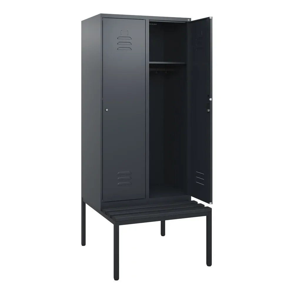 C+P Spind Classic PLUS, 2 Abteile, HxBxT 1.950 x 800 x 815 mm, Zylinderschloss, untergebaute Bank aus Kunststoff, anthrazitgrau, anthrazitgrau