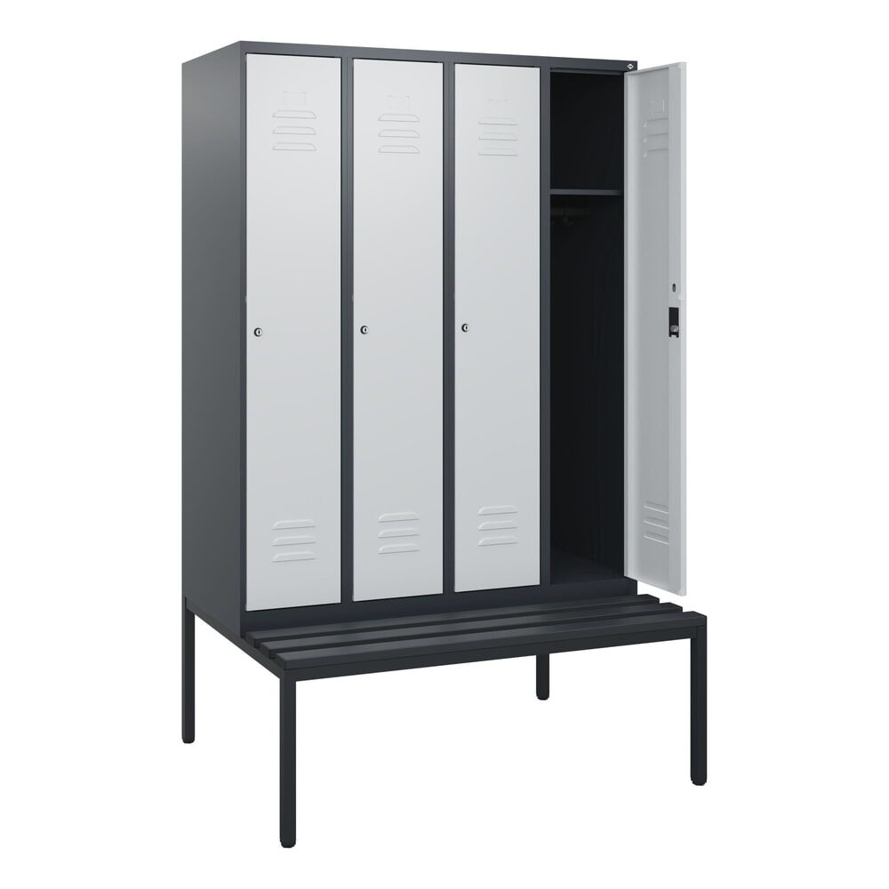 C+P Spind Classic PLUS, 4 Abteile, HxBxT 1.950 x 1.200 x 815 mm, Zylinderschloss, untergebaute Bank aus Kunststoff, anthrazitgrau, lichtgrau