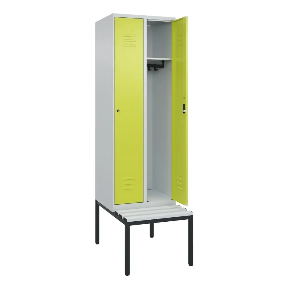 C+P Spind Classic PLUS, 2 Abteile, HxBxT 2.120 x 600 x 815 mm, Zylinderschloss, untergebaute Bank aus Kunststoff, lichtgrau, clowngrün