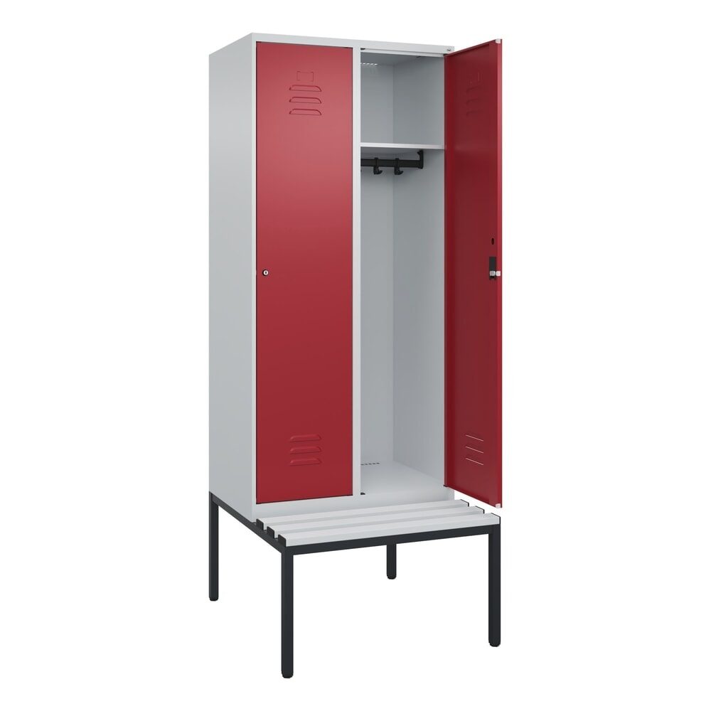 C+P Spind Classic PLUS, 2 Abteile, HxBxT 2.120 x 800 x 815 mm, Zylinderschloss, untergebaute Bank aus Kunststoff, lichtgrau, rubinrot