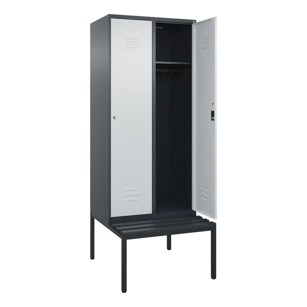 C+P Spind Classic PLUS, 2 Abteile, HxBxT 2.120 x 800 x 815 mm, Zylinderschloss, untergebaute Bank aus Kunststoff, anthrazitgrau, lichtgrau