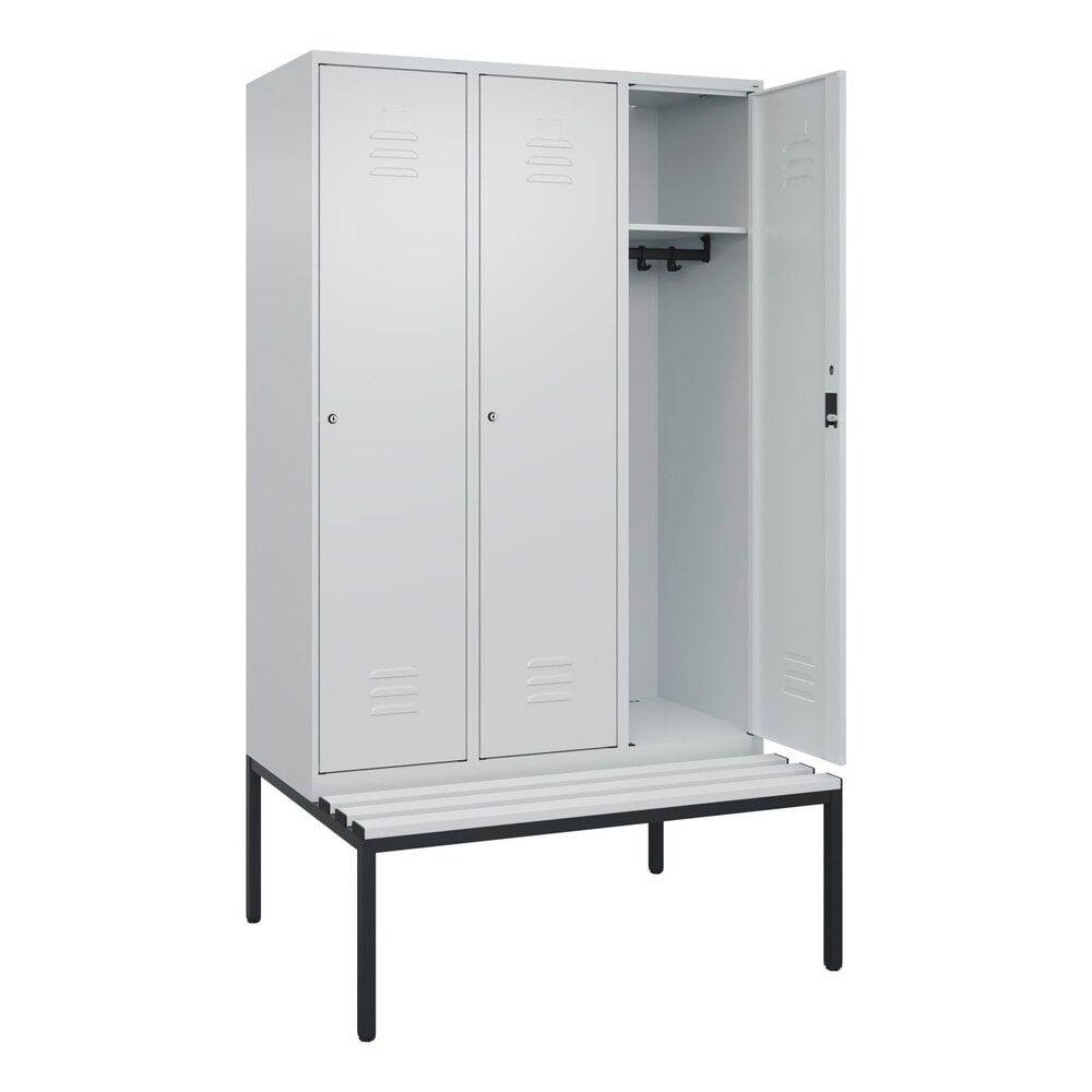 C+P Spind Classic PLUS, 3 Abteile, HxBxT 2.120 x 1.200 x 815 mm, Zylinderschloss, untergebaute Bank aus Kunststoff, lichtgrau, lichtgrau