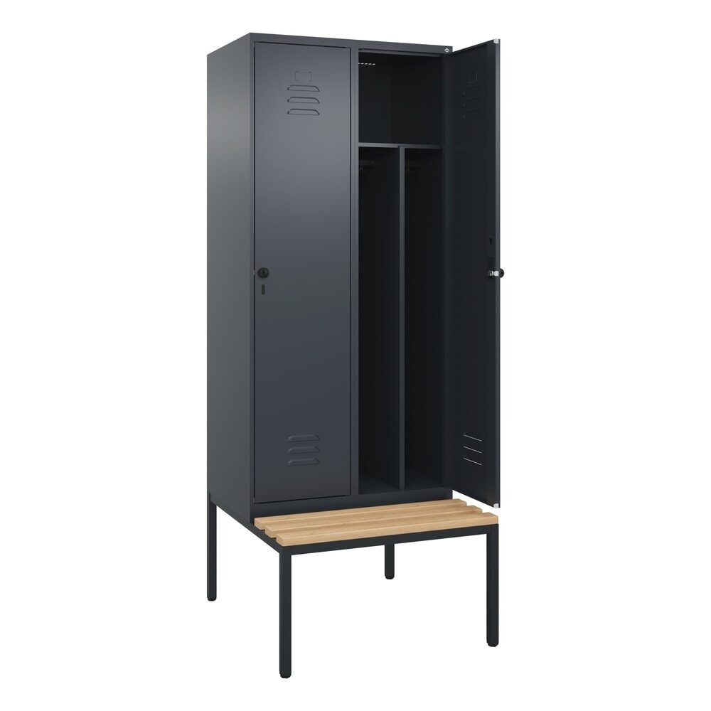 C+P Schwarz-Weiß-Spind Classic PLUS Sitzbank, schmal, 2 Abteile, verkürzte Trennwand mittig, grau, B 800 mm, Sicherheits-Drehriegel, untergebaut,