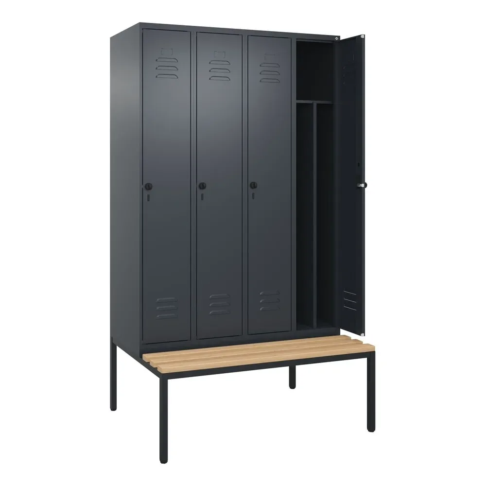 C+P Schwarz-Weiß-Spind Classic PLUS Sitzbank, schmal, 4 Abteile, verkürzte Trennwand mittig, grau, B 1200 mm, Sicherheits-Drehriegel, untergebaut,