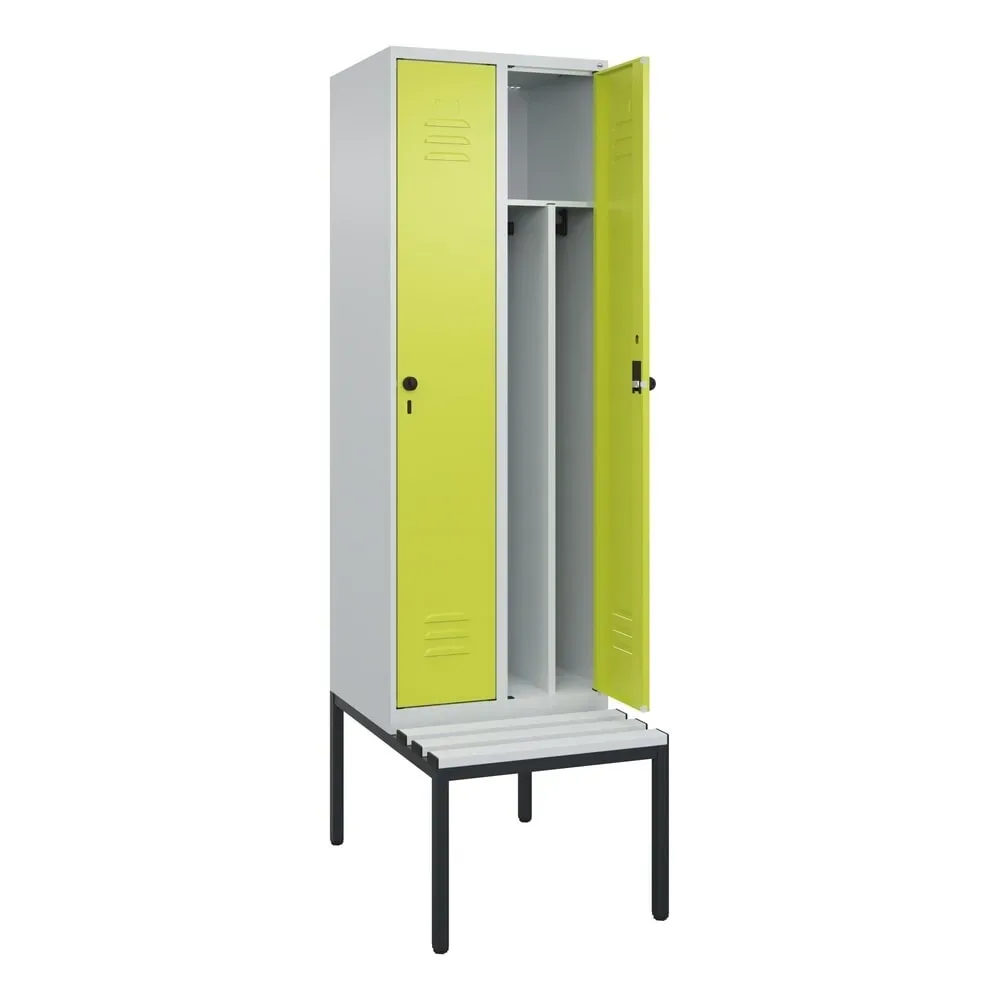 C+P Spind Classic PLUS, 2 Abteile, Trennwand, HxBxT 2.120 x 600 x 815 mm, für Vorhängeschloss, Trennwand, untergebaute Bank aus Kunststoff, lichtgrau, clowngrün