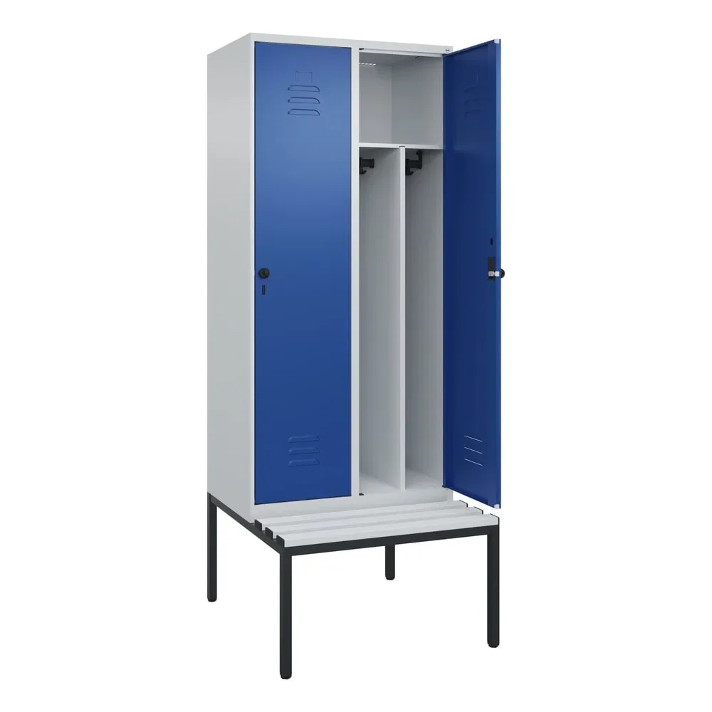 C+P Spind Classic PLUS, 2 Abteile, Trennwand, HxBxT 2.120 x 800 x 815 mm, für Vorhängeschloss, Trennwand, untergebaute Bank aus Kunststoff, lichtgrau, enzianblau