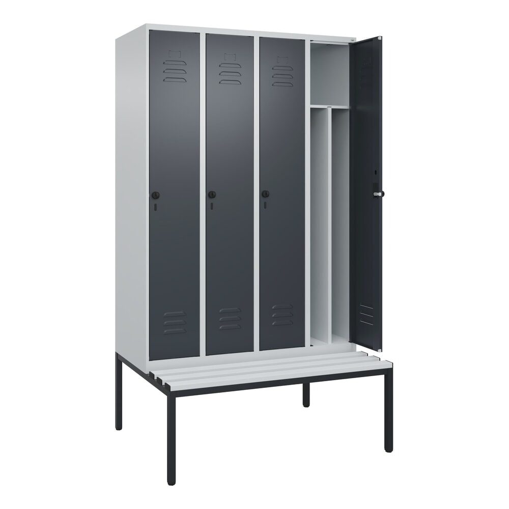 C+P Spind Classic PLUS, 4 Abteile, Trennwand, HxBxT 2.120 x 1.200 x 815 mm, für Vorhängeschloss, Trennwand, untergebaute Bank aus Kunststoff, lichtgrau, anthrazitgrau
