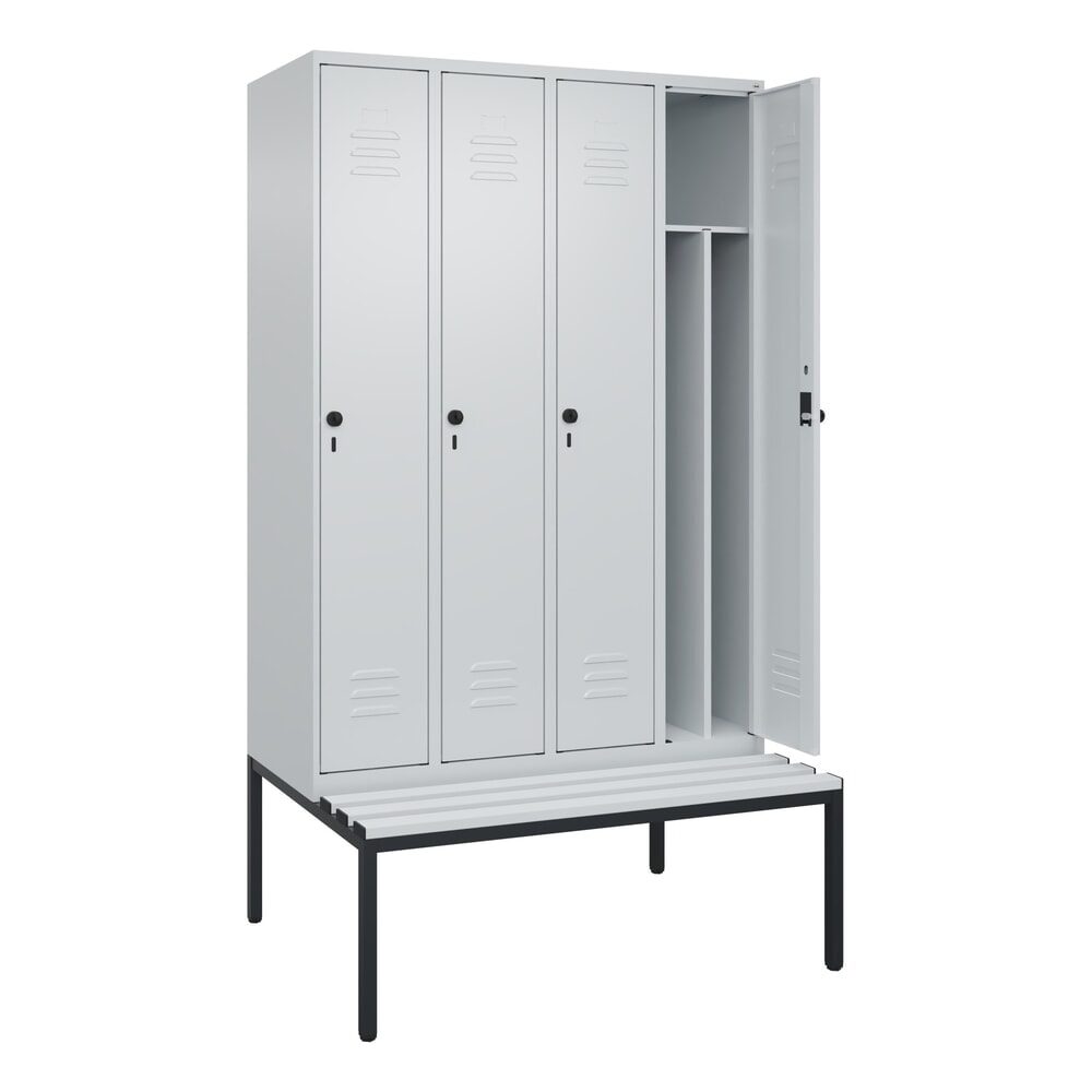 C+P Spind Classic PLUS, 4 Abteile, Trennwand, HxBxT 2.120 x 1.200 x 815 mm, für Vorhängeschloss, Trennwand, untergebaute Bank aus Kunststoff, lichtgrau, lichtgrau