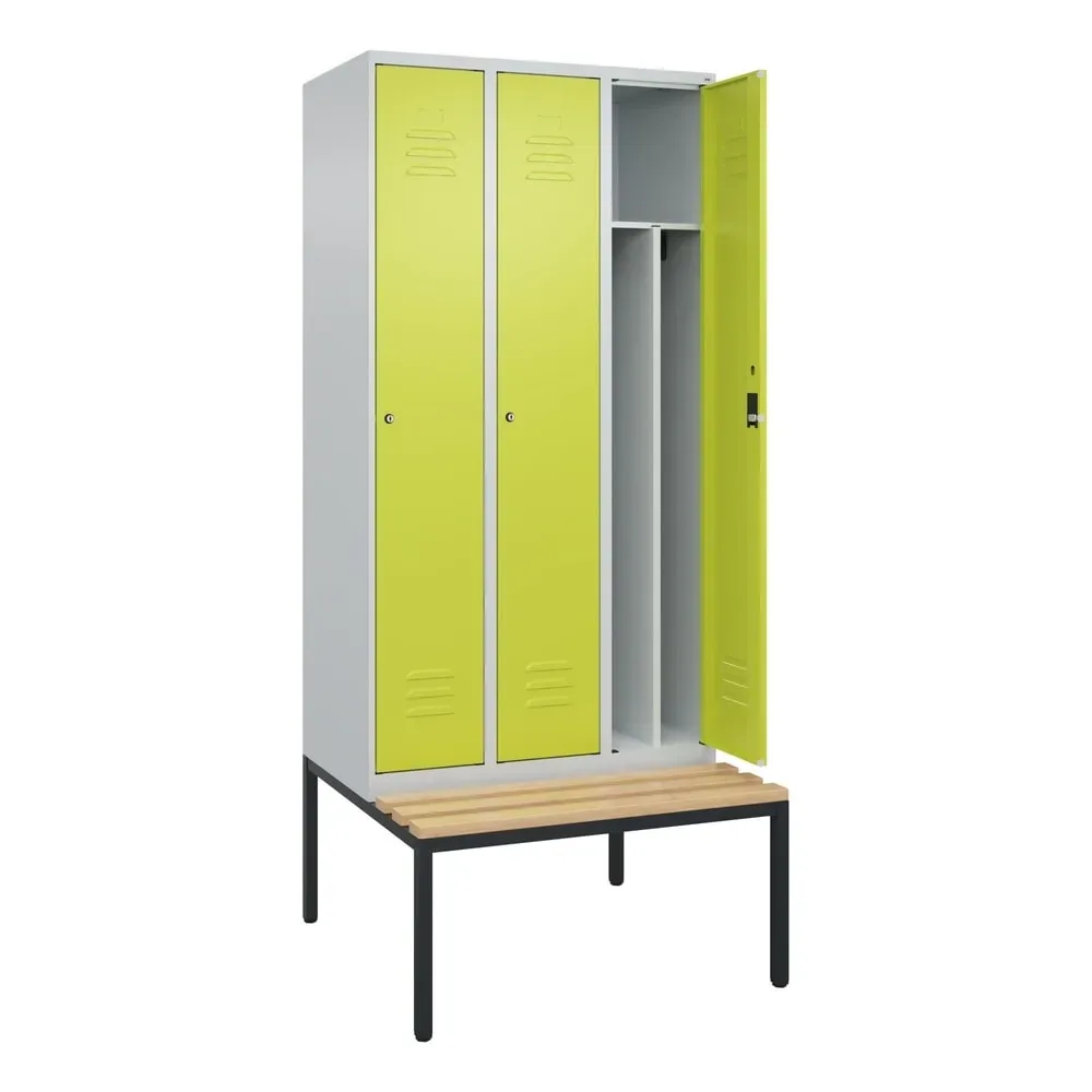 C+P Spind Classic PLUS, 3 Abteile, Trennwand, HxBxT 2.120 x 900 x 815 mm, Zylinderschloss, Trennwand, untergebaute Bank aus Buche, lichtgrau, clowngrün