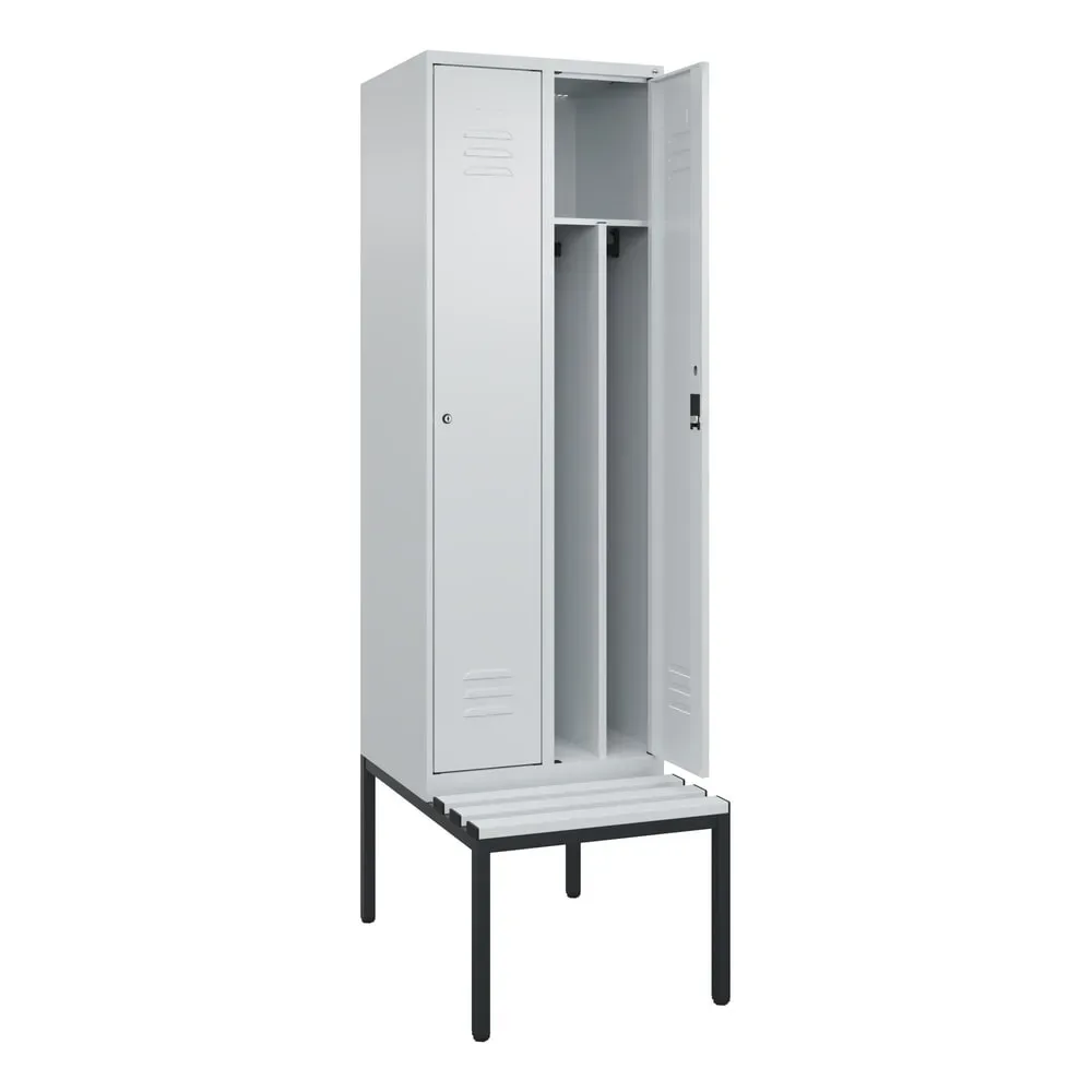 C+P Spind Classic PLUS, 2 Abteile, Trennwand, HxBxT 2.120 x 600 x 815 mm, Zylinderschloss, Trennwand, untergebaute Bank aus Kunststoff, lichtgrau, lichtgrau