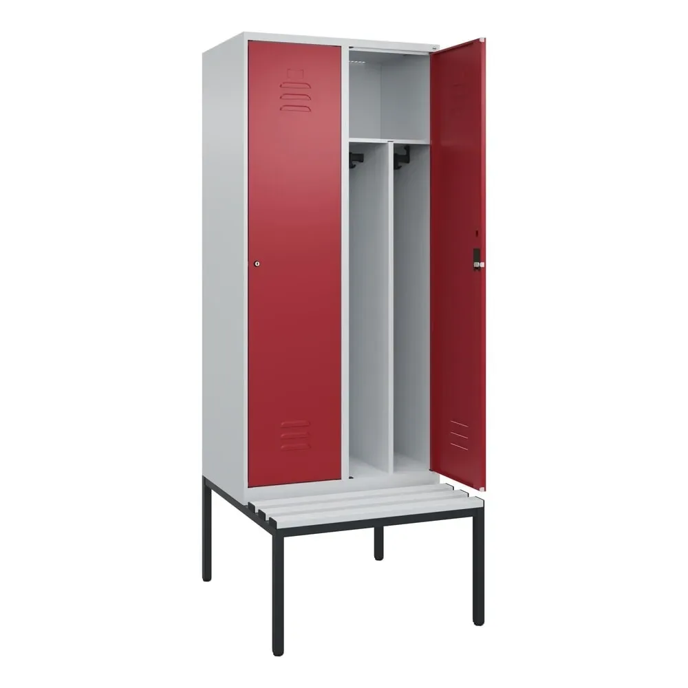 C+P Spind Classic PLUS, 2 Abteile, Trennwand, HxBxT 2.120 x 800 x 815 mm, Zylinderschloss, Trennwand, untergebaute Bank aus Kunststoff, lichtgrau, rubinrot