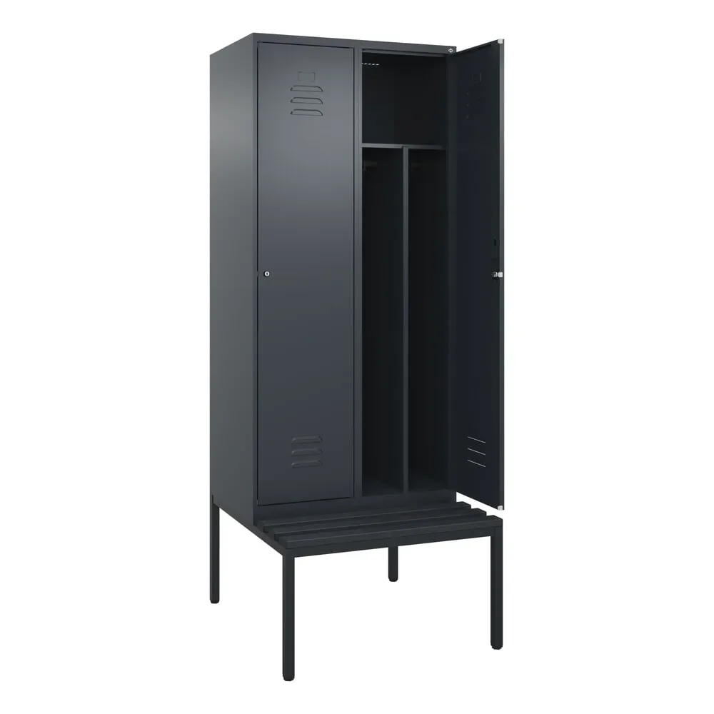 C+P Spind Classic PLUS, 2 Abteile, Trennwand, HxBxT 2.120 x 800 x 815 mm, Zylinderschloss, Trennwand, untergebaute Bank aus Kunststoff, anthrazitgrau, anthrazitgrau