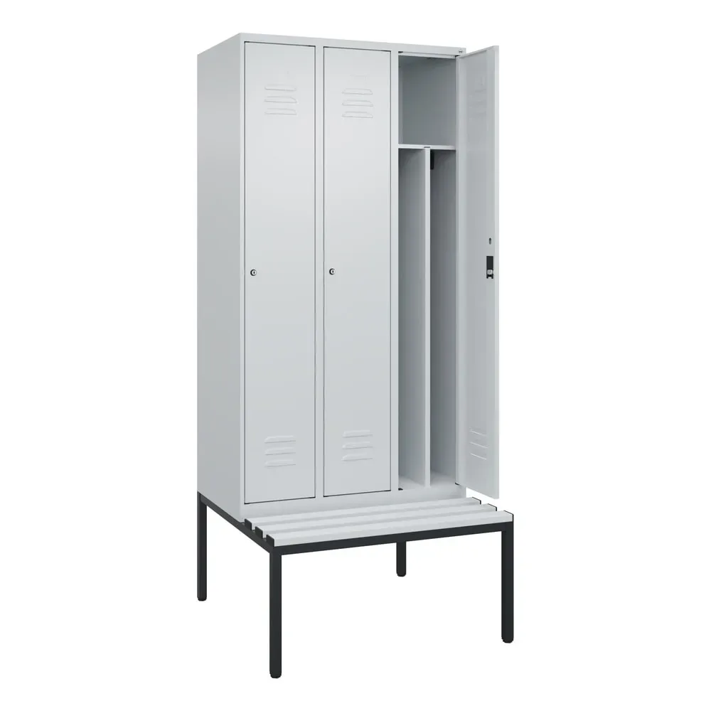 C+P Spind Classic PLUS, 3 Abteile, Trennwand, HxBxT 2.120 x 900 x 815 mm, Zylinderschloss, Trennwand, untergebaute Bank aus Kunststoff, lichtgrau, lichtgrau
