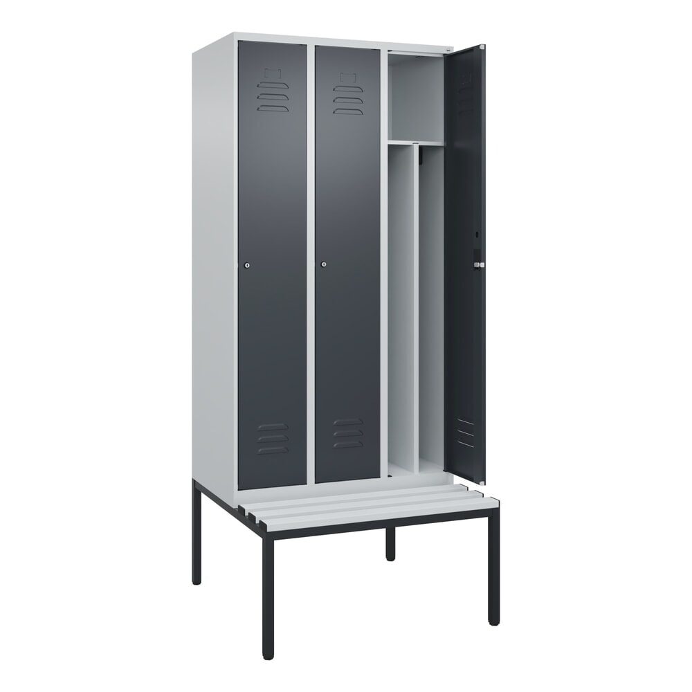 C+P Spind Classic PLUS, 3 Abteile, Trennwand, HxBxT 2.120 x 900 x 815 mm, Zylinderschloss, Trennwand, untergebaute Bank aus Kunststoff, lichtgrau, anthrazitgrau