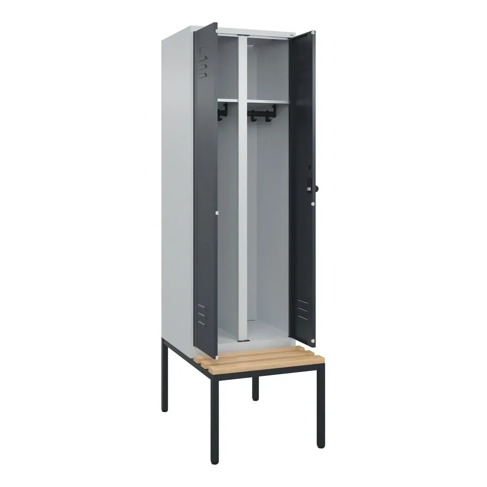 C+P Schwarz-Weiß-Spind Classic PLUS Sitzbank, Trennwand mittig, 1 Abteil, lichtgrau / grau, B 600 mm, Sicherheits-Drehriegel, untergebaut, Buche-Hartholz