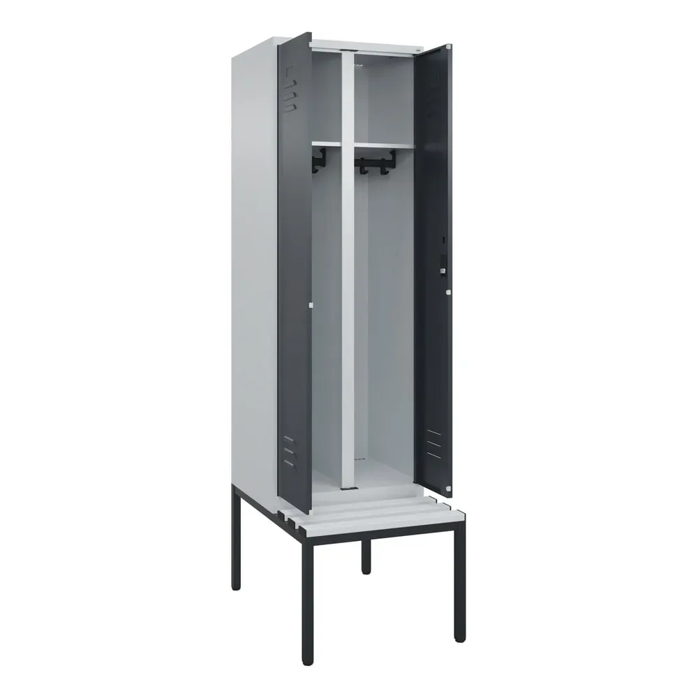C+P Schwarz-Weiss-Spind Classic PLUS, 2 Abteile, HxBxT 2.120 x 600 x 815 mm, Zylinderschloss, untergebaute Bank aus Kunststoff, lichtgrau, anthrazitgrau