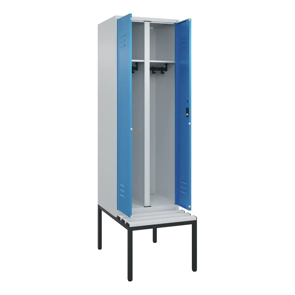 C+P Schwarz-Weiss-Spind Classic PLUS, 2 Abteile, HxBxT 2.120 x 600 x 815 mm, Zylinderschloss, untergebaute Bank aus Kunststoff, lichtgrau, lichtblau