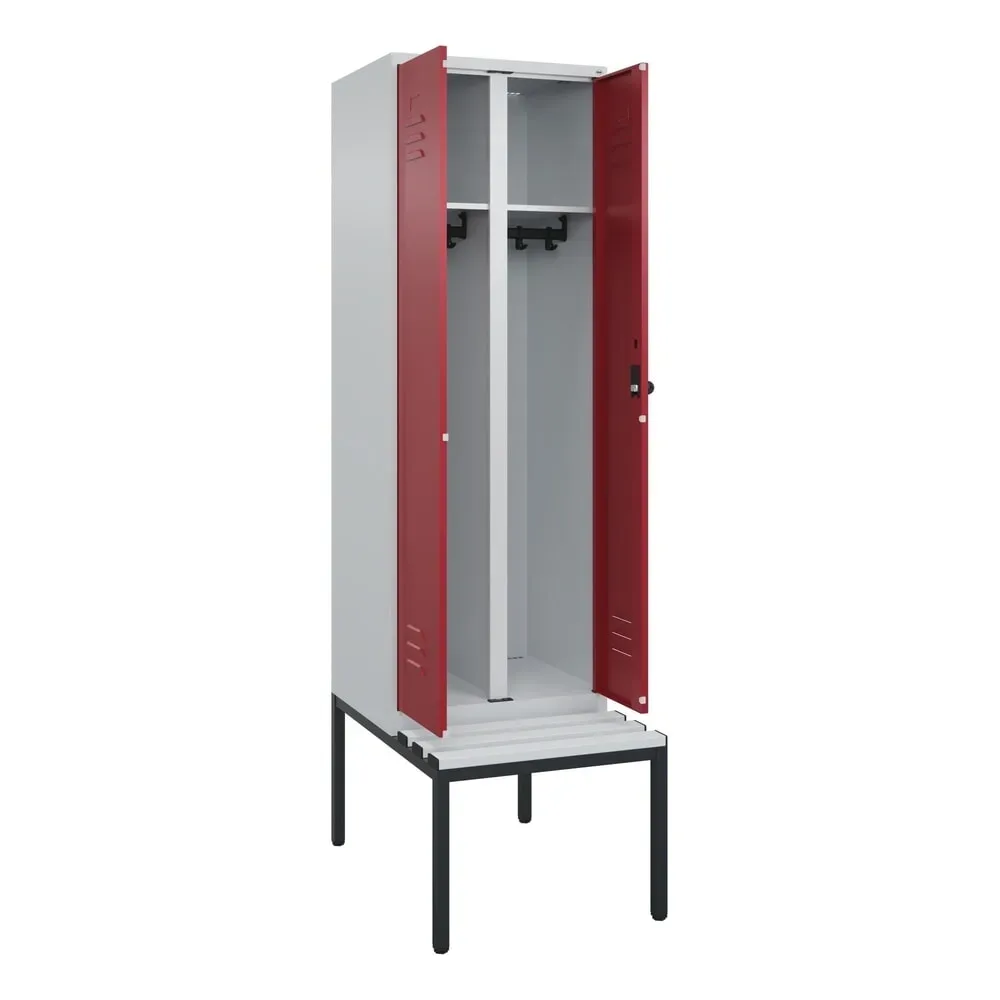 C+P Schwarz-Weiss-Spind Classic PLUS, 2 Abteile, HxBxT 2.120 x 600 x 815 mm, für Vorhängeschloss, untergebaute Bank aus Kunststoff, lichtgrau, rubinrot