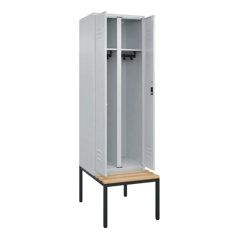 Schwarz-Weiß-Spind Classic PLUS Sitzbank, Trennwand mittig, 1 Abteil, lichtgrau, B 600 mm, Zylinderschloss, untergebaut, Buche-Hartholz C+P
