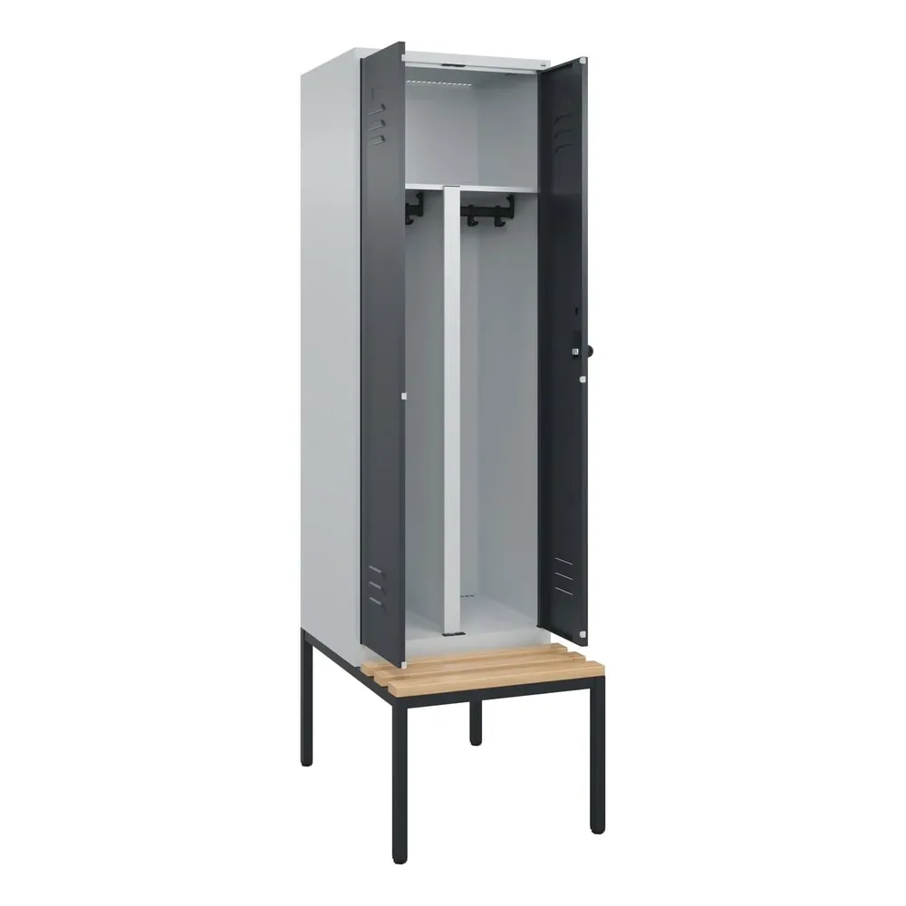C+P PSA Doppel-Spind Classic PLUS, 2 Abteile, HxBxT 2.120 x 600 x 815 mm, für Vorhängeschloss, untergebaute Bank aus Buche, lichtgrau, anthrazitgrau