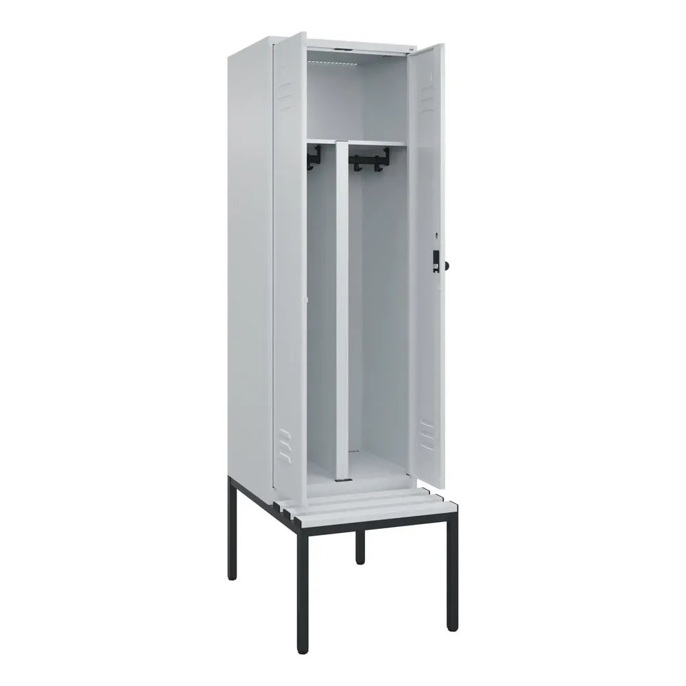 C+P PSA Doppel-Spind Classic PLUS, 2 Abteile, HxBxT 2.120 x 600 x 815 mm, für Vorhängeschloss, untergebaute Bank aus Kunststoff, lichtgrau, lichtgrau