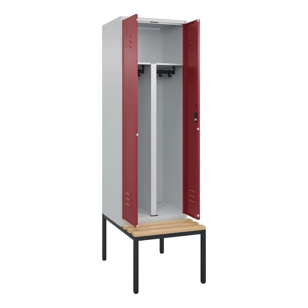 C+P PSA Doppel-Spind Classic PLUS, 2 Abteile, HxBxT 2.120 x 600 x 815 mm, Zylinderschloss, untergebaute Bank aus Buche, lichtgrau, rubinrot