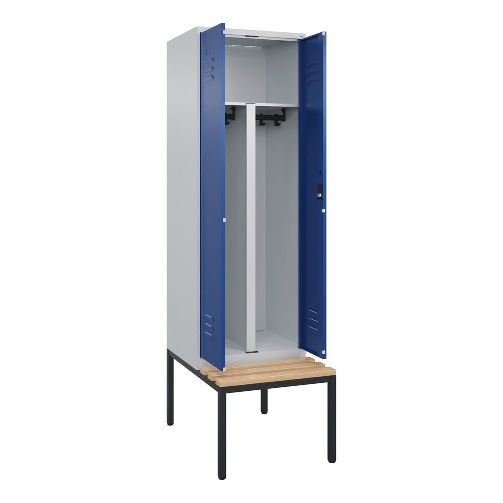 C+P PSA Doppel-Spind Classic PLUS, 2 Abteile, HxBxT 2.120 x 600 x 815 mm, Zylinderschloss, untergebaute Bank aus Buche, lichtgrau, enzianblau