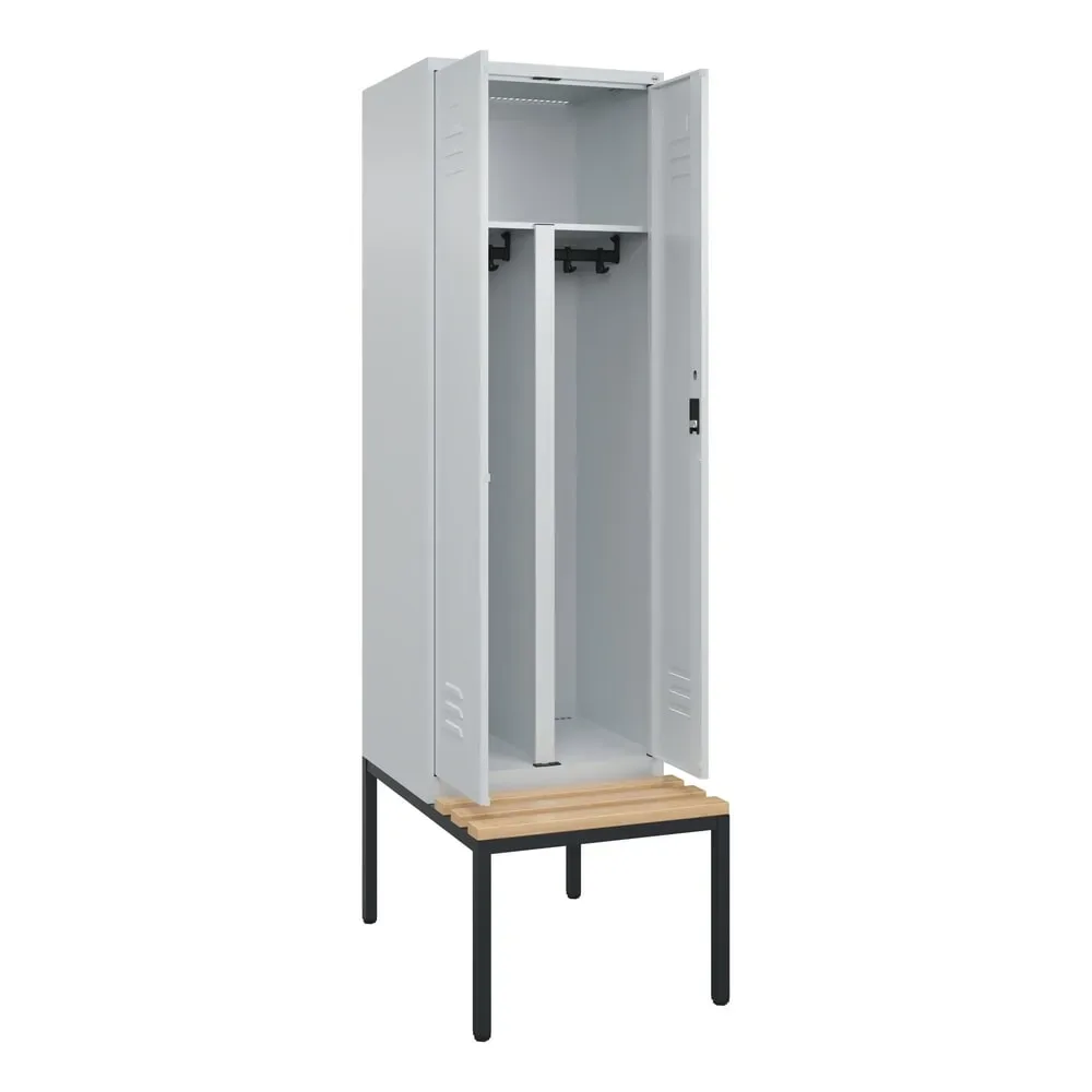 C+P PSA Doppel-Spind Classic PLUS, 2 Abteile, HxBxT 2.120 x 600 x 815 mm, Zylinderschloss, untergebaute Bank aus Buche, lichtgrau, lichtgrau