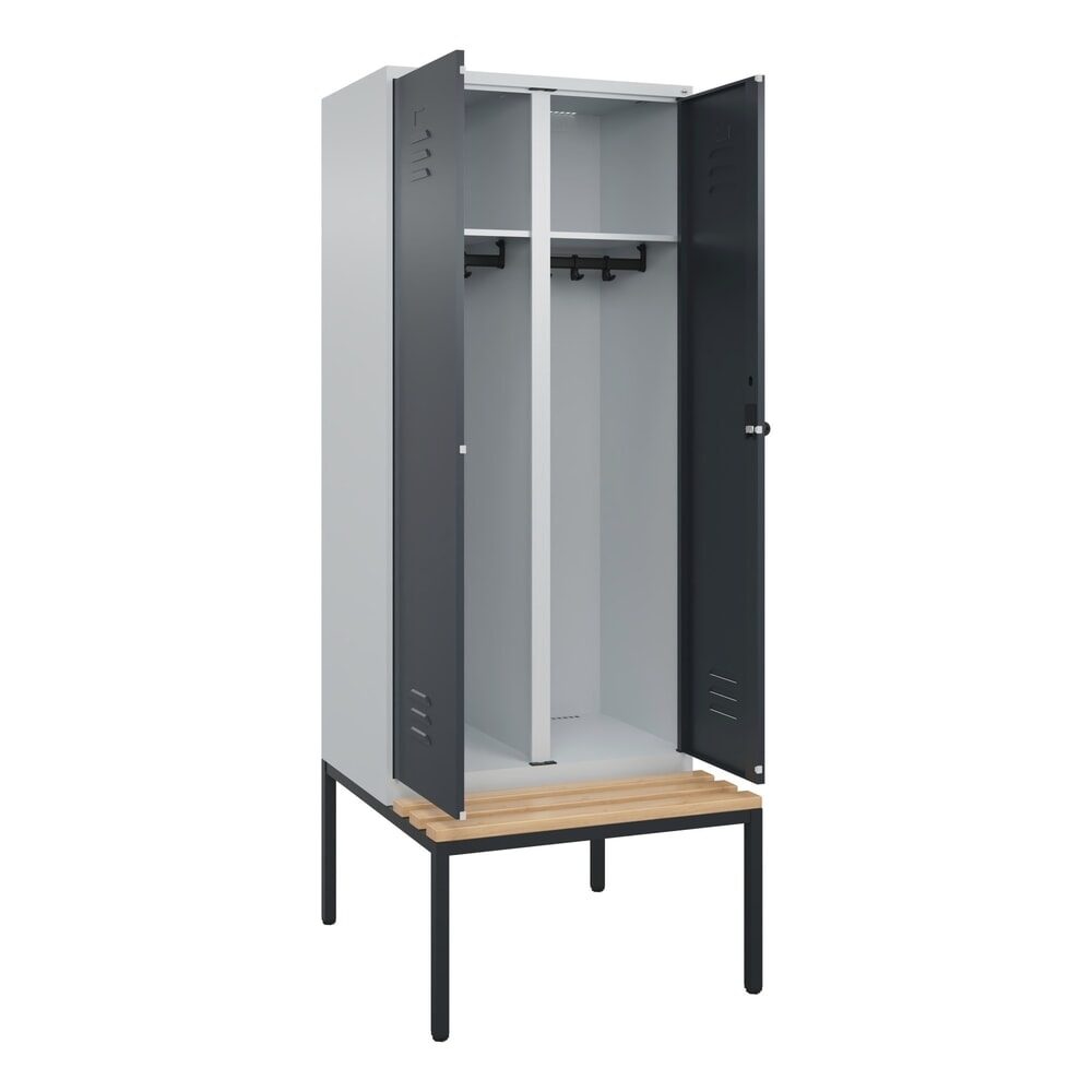 C+P Schwarz-Weiß-Spind Classic PLUS Sitzbank, Trennwand mittig, 1 Abteil, lichtgrau / grau, B 800 mm, Sicherheits-Drehriegel, untergebaut, Buche-Hartholz