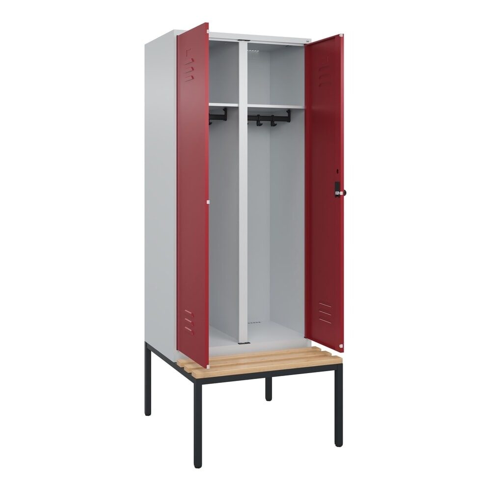 C+P Schwarz-Weiss-Spind Classic PLUS, 2 Abteile, HxBxT 2.120 x 800 x 815 mm, für Vorhängeschloss, untergebaute Bank aus Buche, lichtgrau, rubinrot