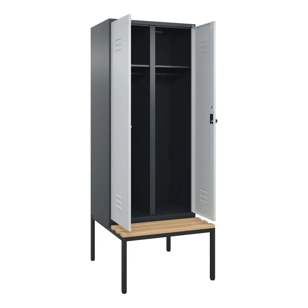 C+P Schwarz-Weiss-Spind Classic PLUS, 2 Abteile, HxBxT 2.120 x 800 x 815 mm, für Vorhängeschloss, untergebaute Bank aus Buche, anthrazitgrau, lichtgrau