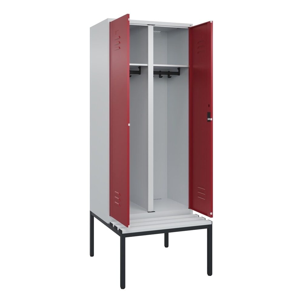 C+P Schwarz-Weiss-Spind Classic PLUS, 2 Abteile, HxBxT 2.120 x 800 x 815 mm, Zylinderschloss, untergebaute Bank aus Kunststoff, lichtgrau, rubinrot