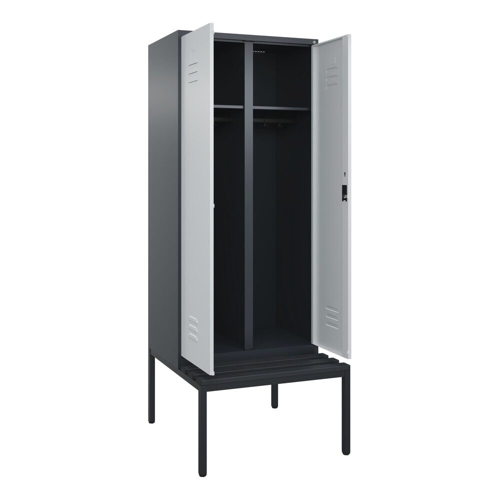 C+P Schwarz-Weiss-Spind Classic PLUS, 2 Abteile, HxBxT 2.120 x 800 x 815 mm, Zylinderschloss, untergebaute Bank aus Kunststoff, anthrazitgrau, lichtgrau