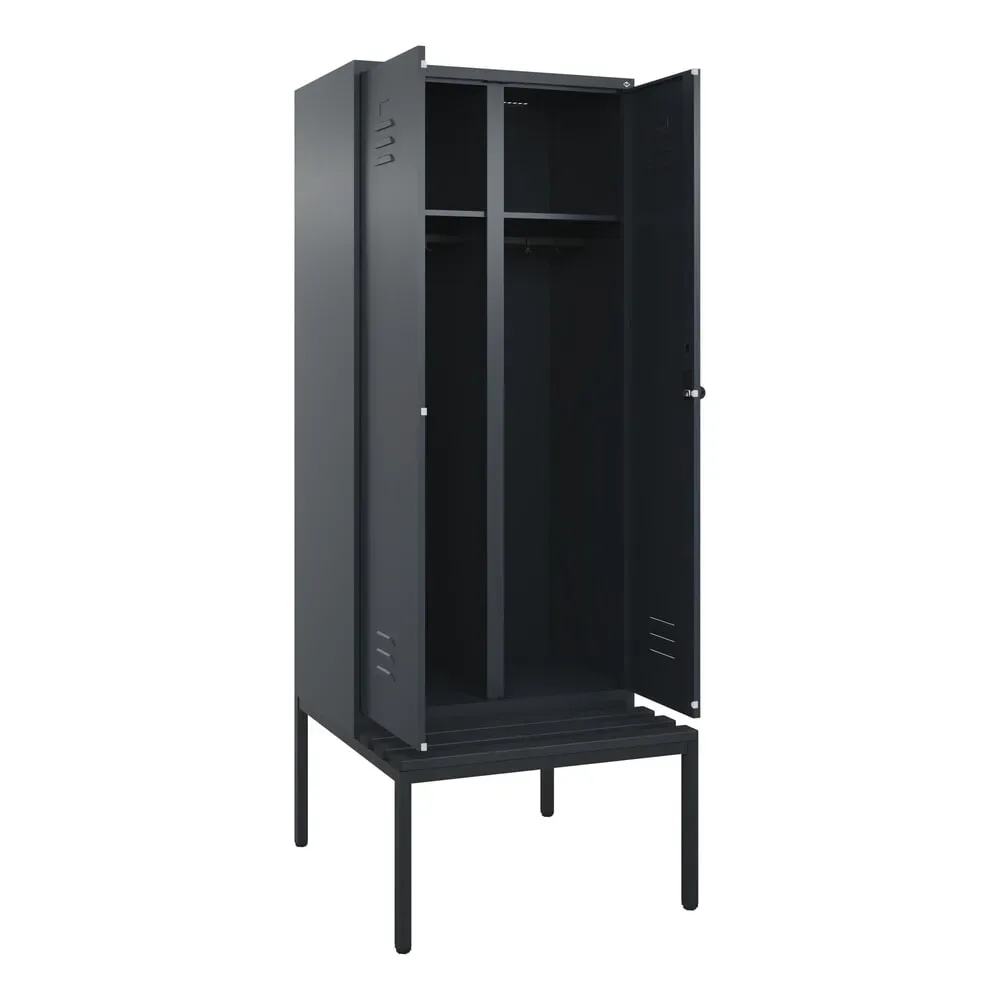C+P Schwarz-Weiss-Spind Classic PLUS, 2 Abteile, HxBxT 2.120 x 800 x 815 mm, für Vorhängeschloss, untergebaute Bank aus Kunststoff, anthrazitgrau, anthrazitgrau