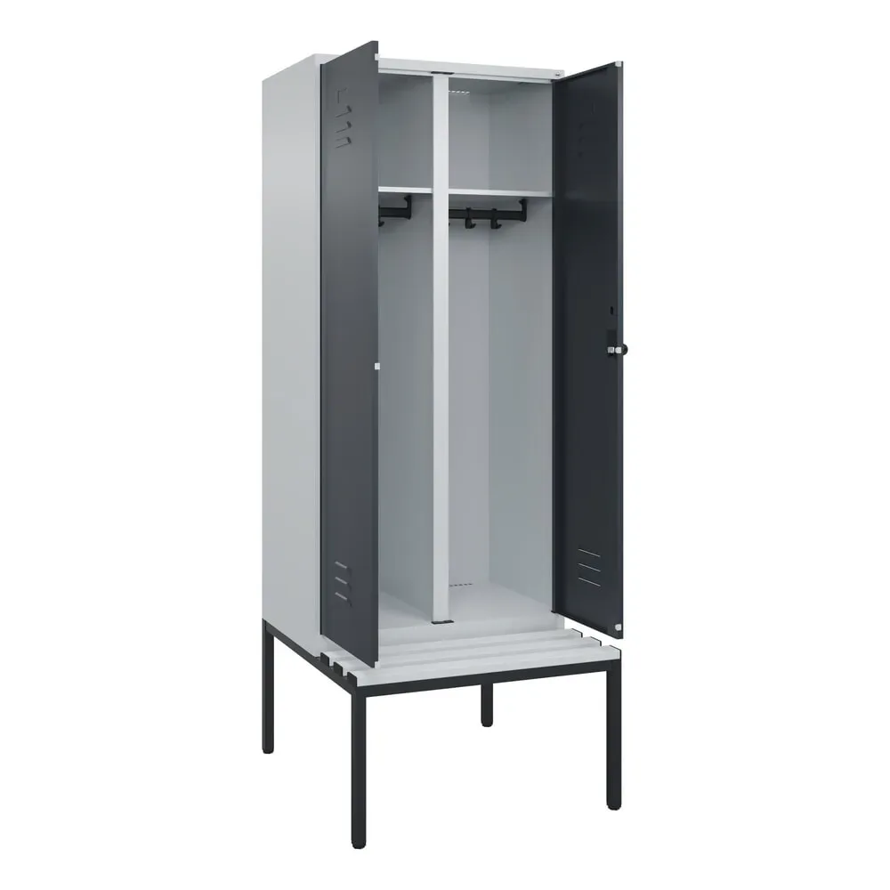 C+P Schwarz-Weiss-Spind Classic PLUS, 2 Abteile, HxBxT 2.120 x 800 x 815 mm, für Vorhängeschloss, untergebaute Bank aus Kunststoff, lichtgrau, anthrazitgrau