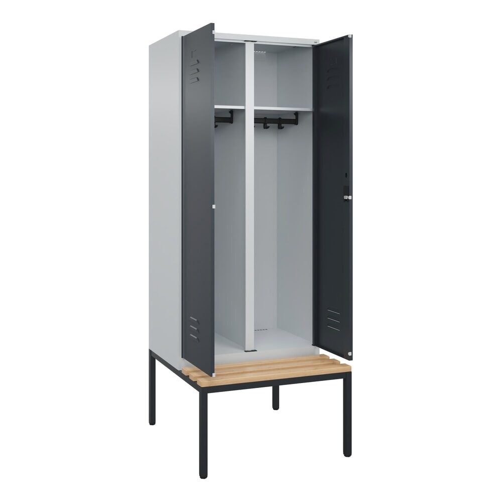 C+P Schwarz-Weiss-Spind Classic PLUS, 2 Abteile, HxBxT 2.120 x 800 x 815 mm, Zylinderschloss, untergebaute Bank aus Buche, lichtgrau, anthrazitgrau