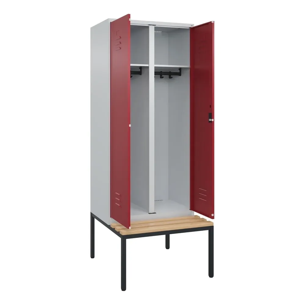 C+P Schwarz-Weiss-Spind Classic PLUS, 2 Abteile, HxBxT 2.120 x 800 x 815 mm, Zylinderschloss, untergebaute Bank aus Buche, lichtgrau, rubinrot