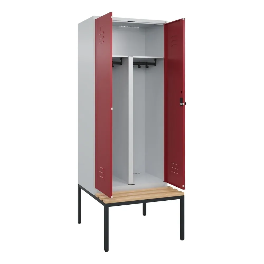 C+P PSA Doppel-Spind Classic PLUS, 2 Abteile, HxBxT 2.120 x 800 x 815 mm, für Vorhängeschloss, untergebaute Bank aus Buche, lichtgrau, rubinrot