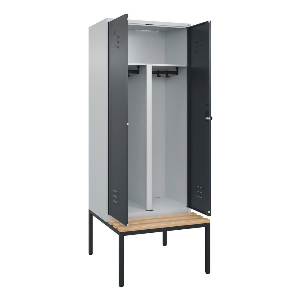 C+P PSA Doppel-Spind Classic PLUS, 2 Abteile, HxBxT 2.120 x 800 x 815 mm, für Vorhängeschloss, untergebaute Bank aus Buche, lichtgrau, anthrazitgrau