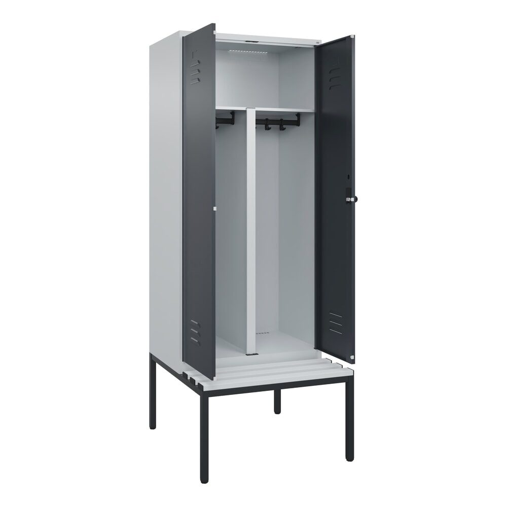 C+P PSA Doppel-Spind Classic PLUS, 2 Abteile, HxBxT 2.120 x 800 x 815 mm, für Vorhängeschloss, untergebaute Bank aus Kunststoff, lichtgrau, anthrazitgrau